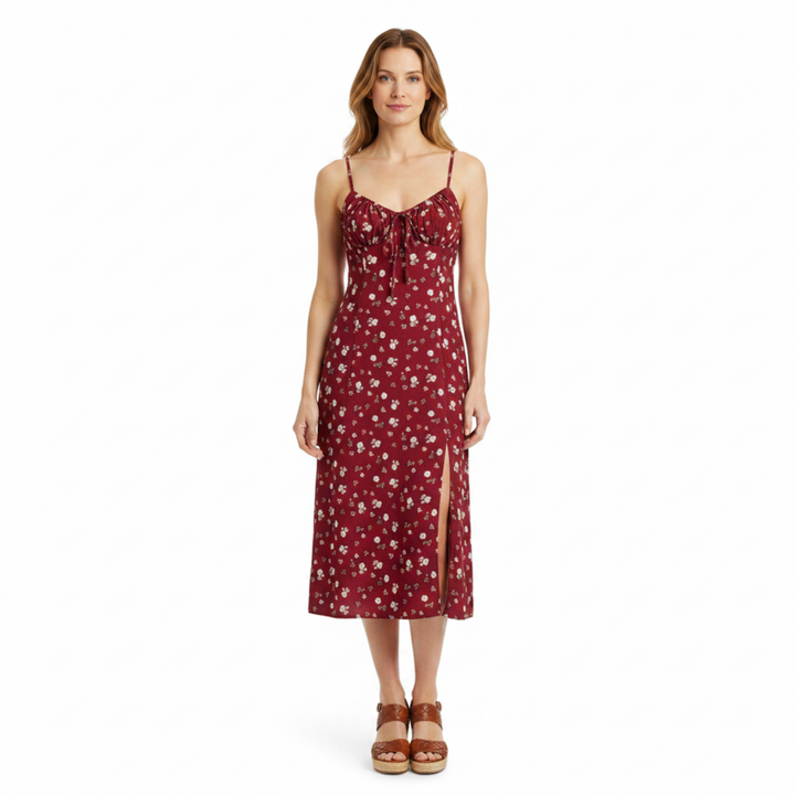 Abito midi donna floreale – spalline sottili, fiocco e spacco laterale