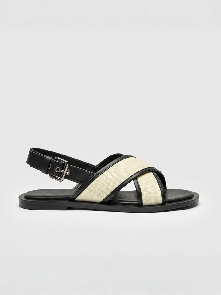 Women's Flat Canvas Sandals – Back Strap with Buckle & Vegan Leather Trim