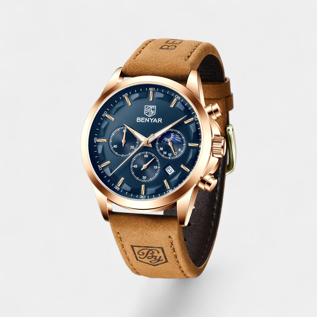 Herrenuhr mit Lederarmband – Multifunktionales Quarzwerk 41 mm