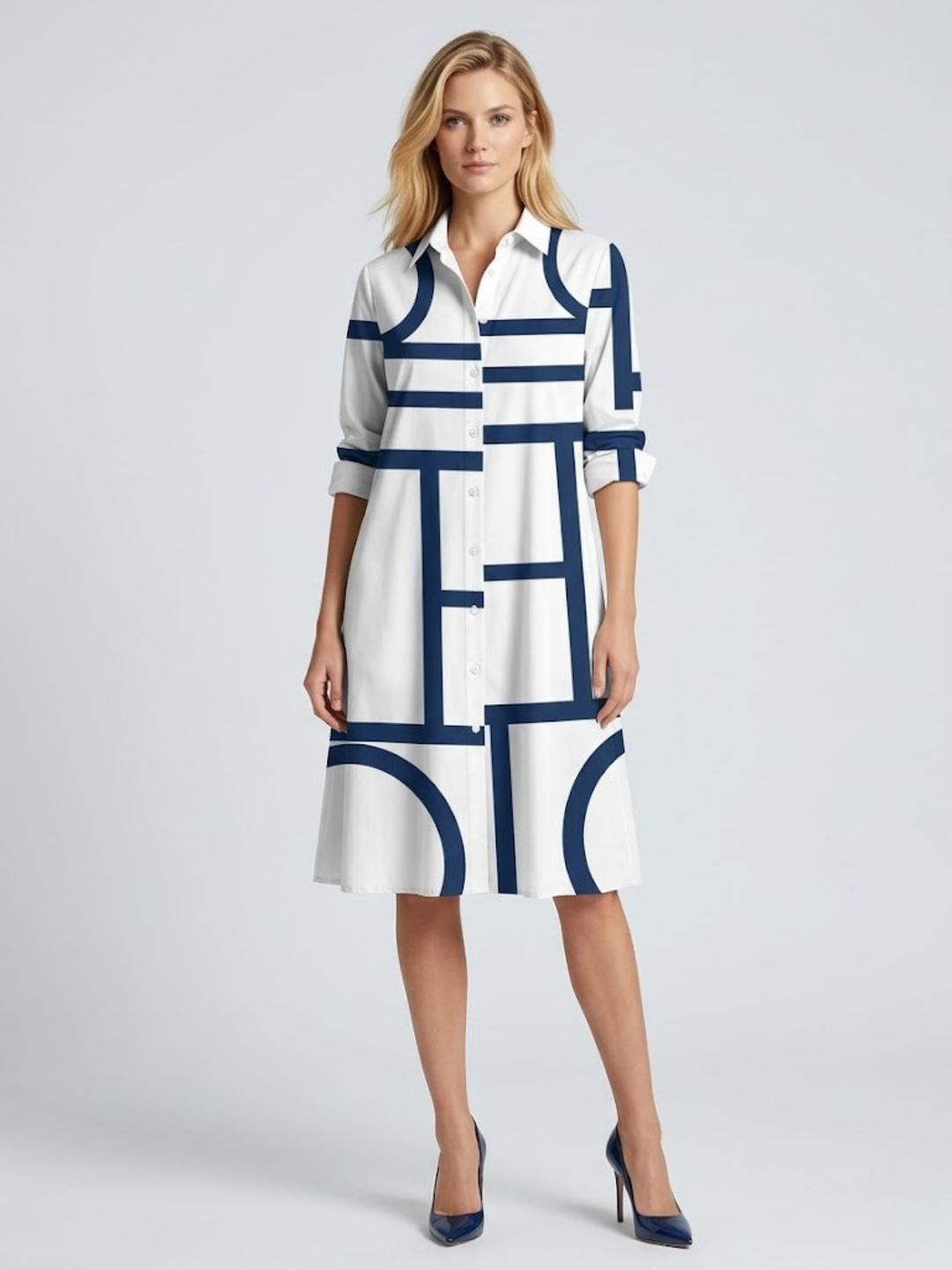 Women's Geometric Print Chemise Dress – Midi A-Line Cut