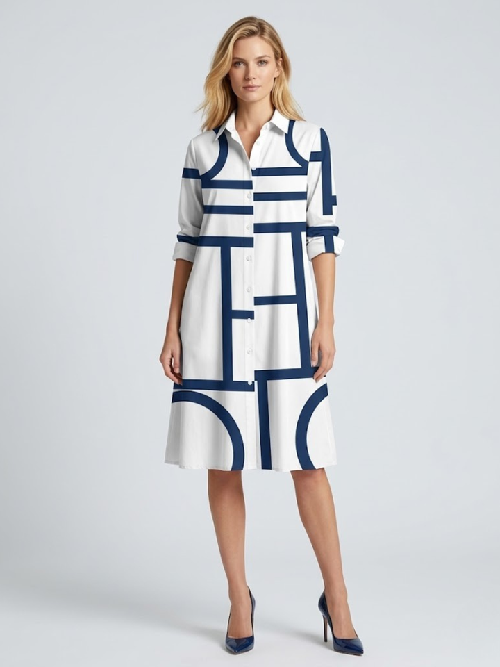 Women's Geometric Print Chemise Dress – Midi A-Line Cut