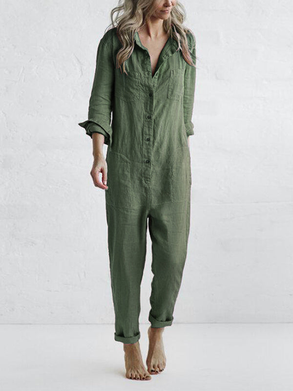 Dame Jumpsuit med Lange Ærmer – Knappet, Afslappet Pasform
