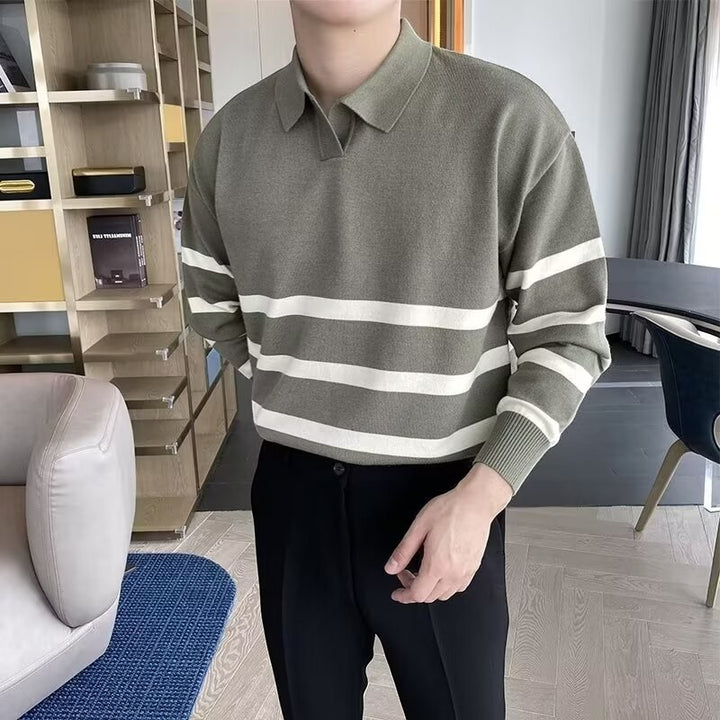 Polo uomo in cotone misto – Polo maniche lunghe a righe contrastanti