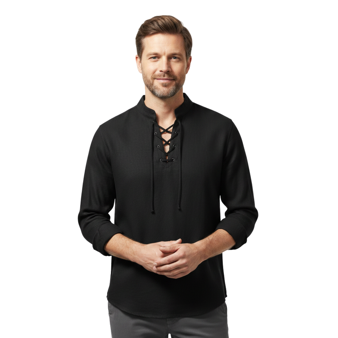 Camicia Uomo Maniche Lunghe – Collo alla Coreana con Lacci Cotone Traspirante