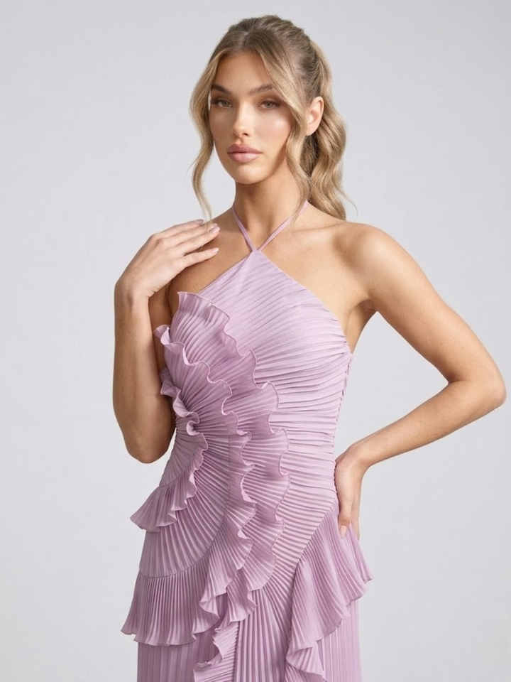 Women's Midi Dress with Pleated Halter Neck – Elegant Ruffle Details