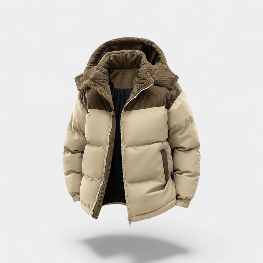 Herren Daunenjacke mit abnehmbarer Kapuze aus Baumwolle – verstärkt, raffiniert, winterliche Silhouette