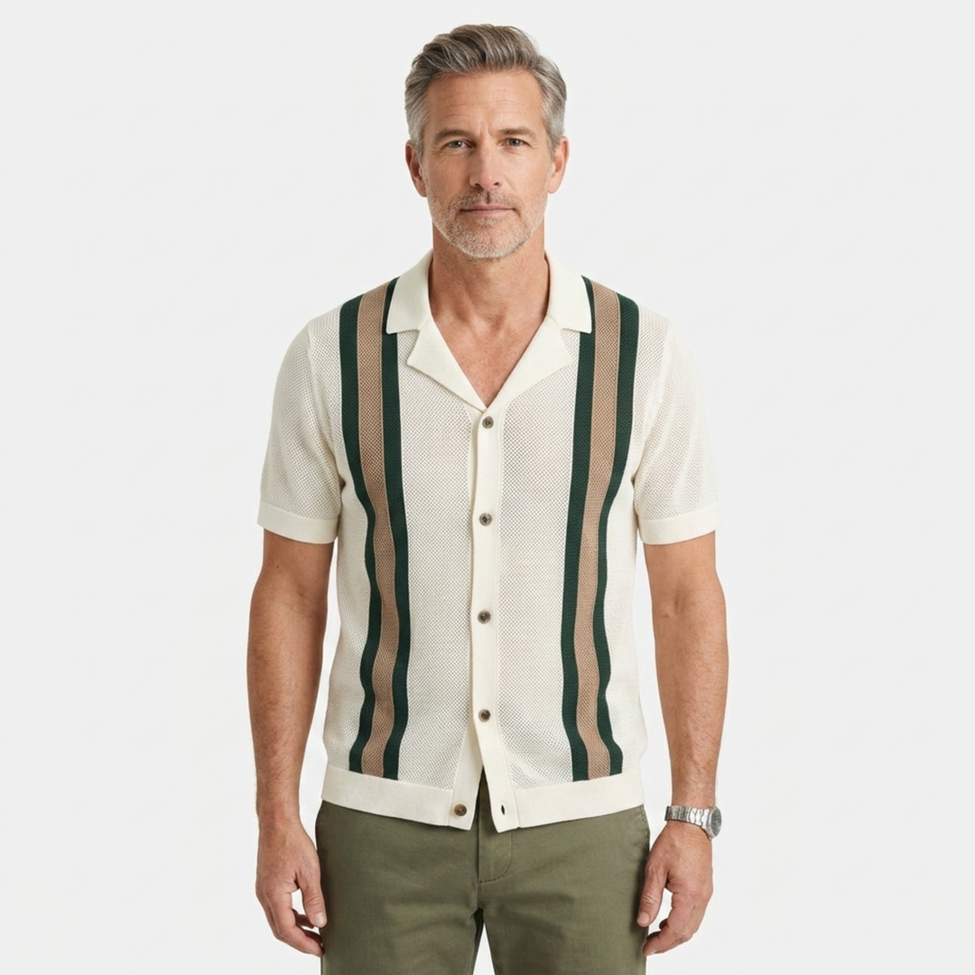Polo Homme en Maille Ajourée – Rayures Verticales Style Vintage
