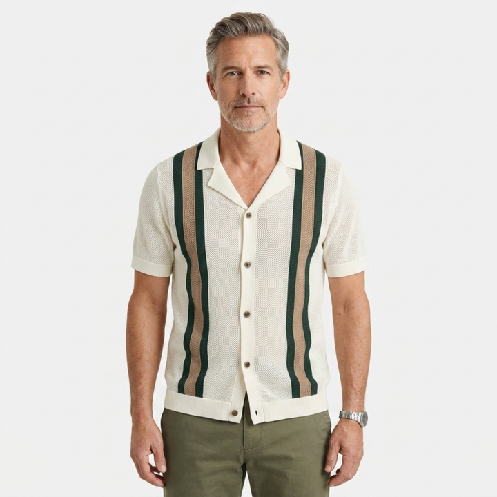 Polo Homme en Maille Ajourée – Rayures Verticales Style Vintage