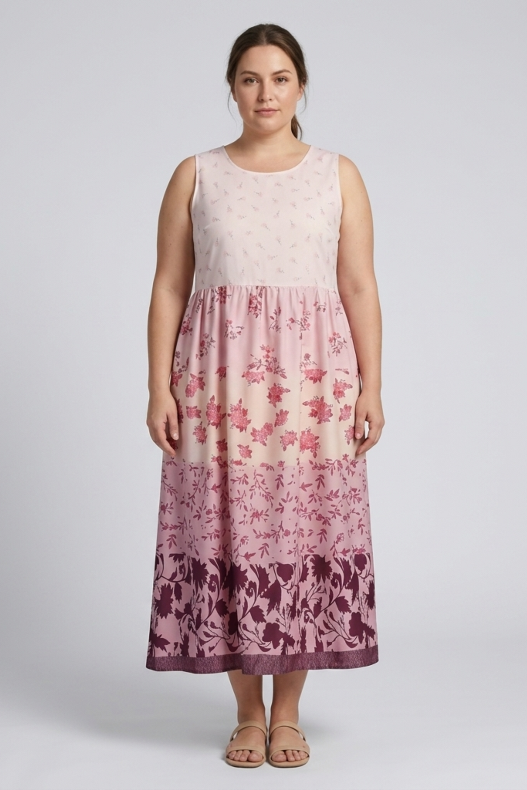 Langes Damenkleid mit Blumenmuster – Weite, ärmellose Passform