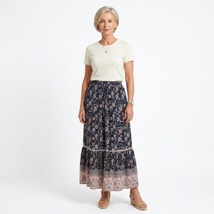Maxi-Rock für Damen mit Blumenmuster aus Rayon-Mischung – Hohe Taille mit Kordelzug