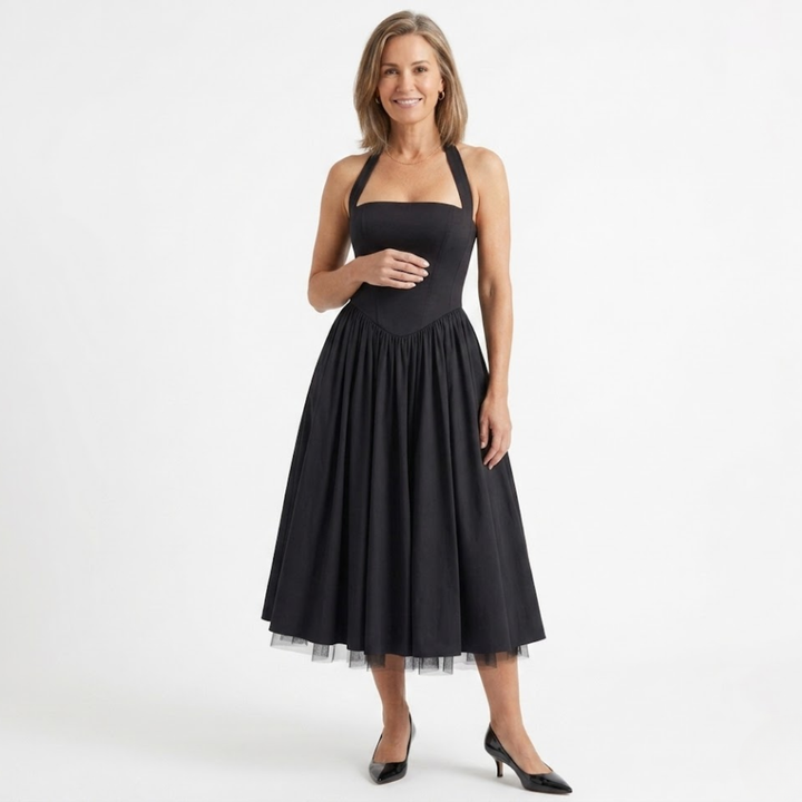 Midi-Kleid für Damen, trapezförmig, rückenfrei – tailliertes Bustier, ausgestellter Schnitt
