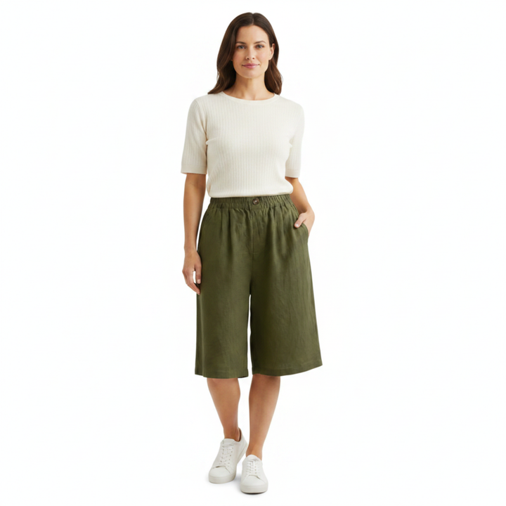 Kurze Damenhose mit hoher Taille aus Baumwoll-Leinen-Mischung – Lässiger Schnitt