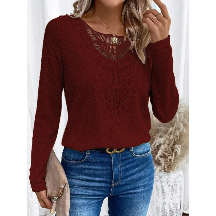 Strickpullover für Damen mit Häkelpaneel – Langarm, Rundhalsausschnitt