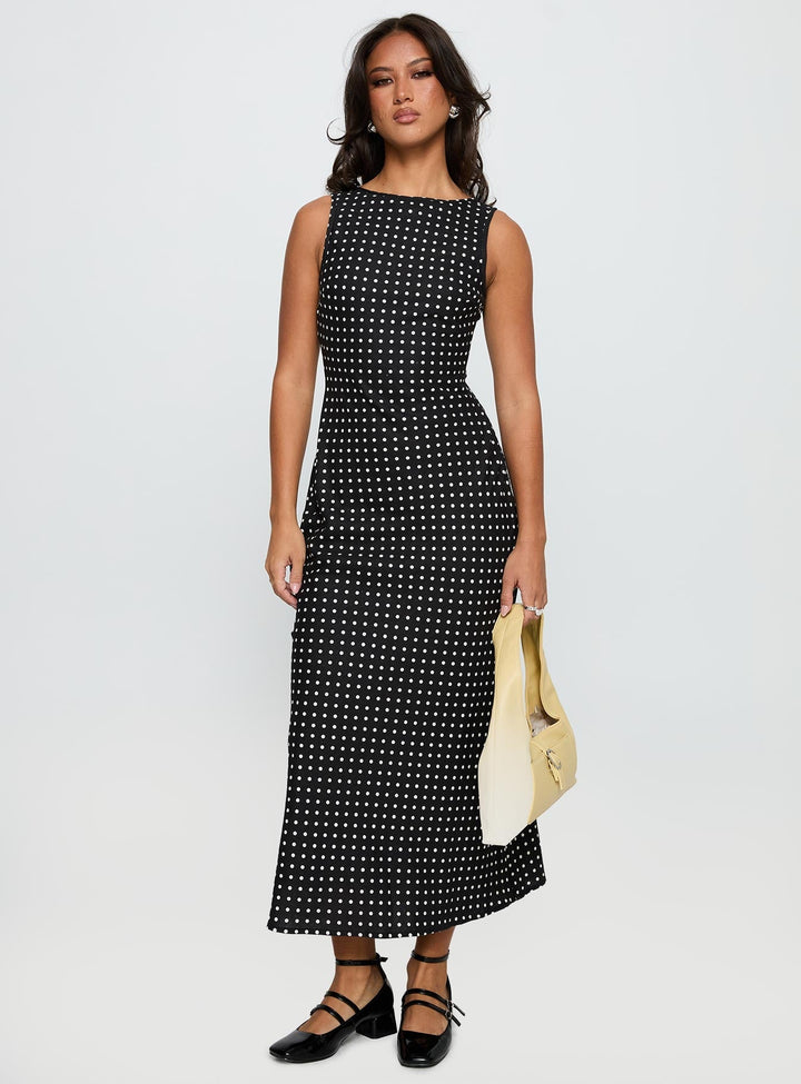 Women's Sleeveless Midi Dress with Polka Dots – Round Neck, Flowing Silhouette