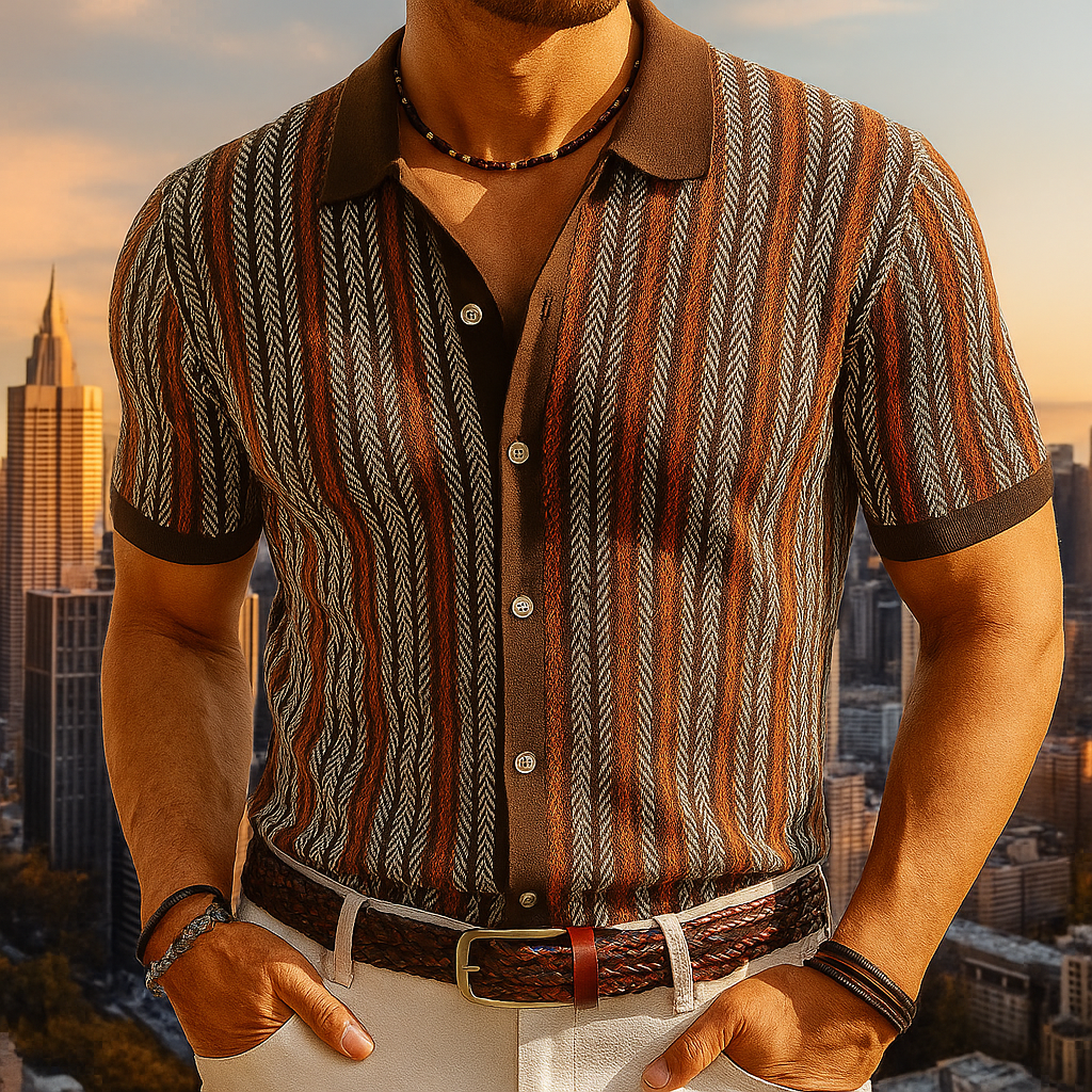 Herren-Polo aus Strick – Chevron-Muster und durchgehende Knopfleiste