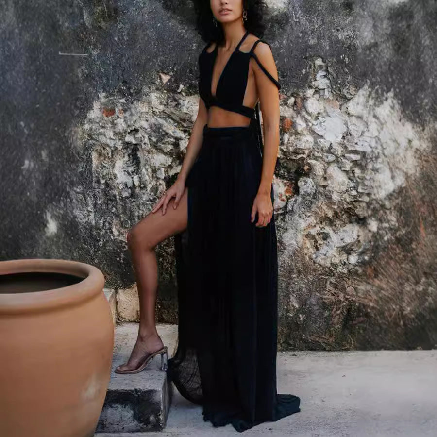Completo Due Pezzi Donna – Gonna Lunga Spacco & Top Corto Scollo