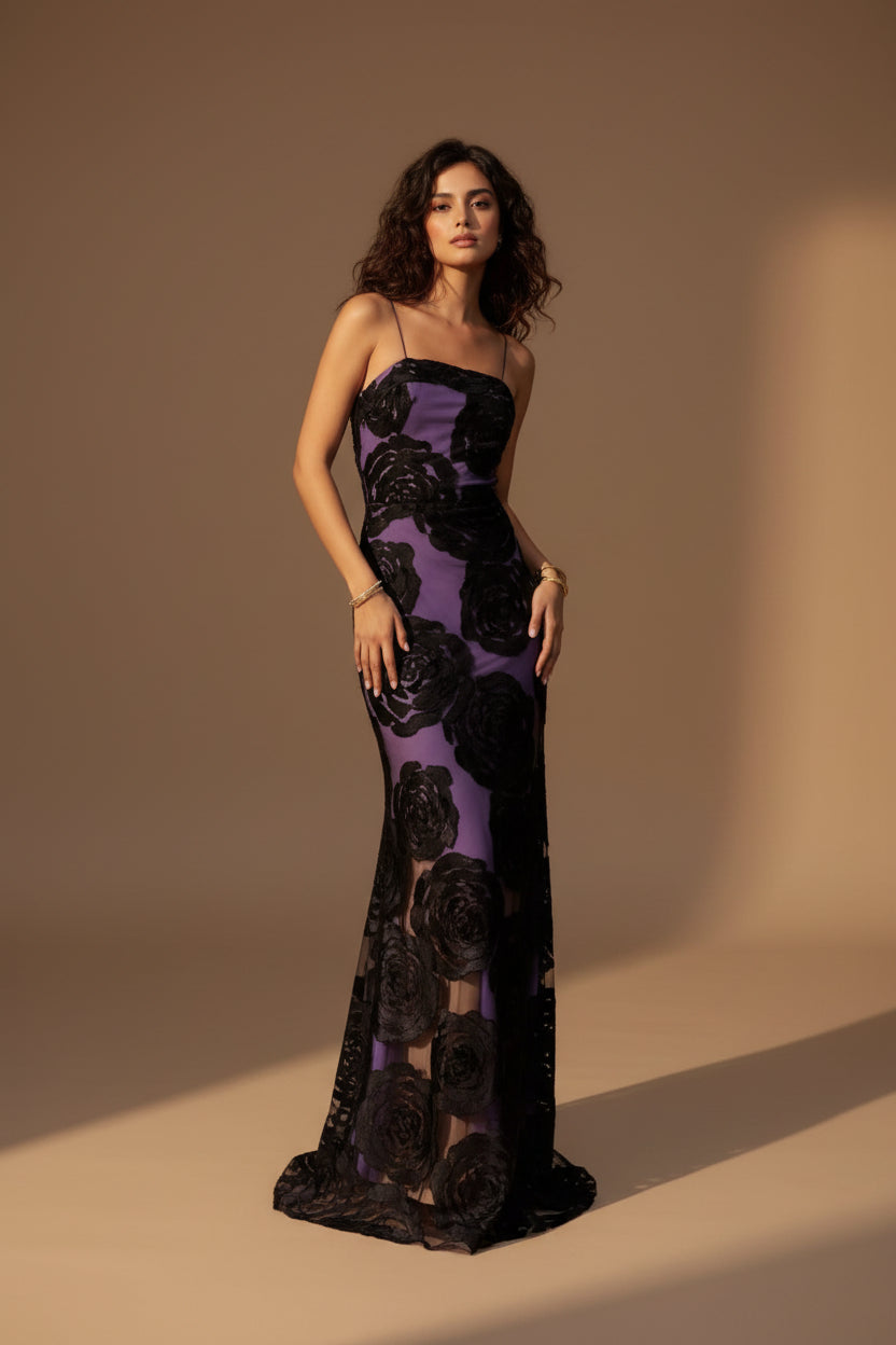 Robe Femme Longue – Épaule Asymétrique avec Fleur