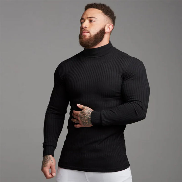 Herren-T-Shirt mit langen Ärmeln und Stehkragen – Figurbetonter Strick