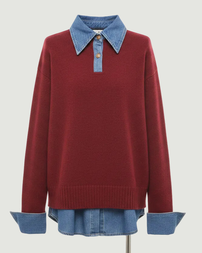 Damenpullover aus Strick mit Lagenlook – Hemdkragen aus Denim