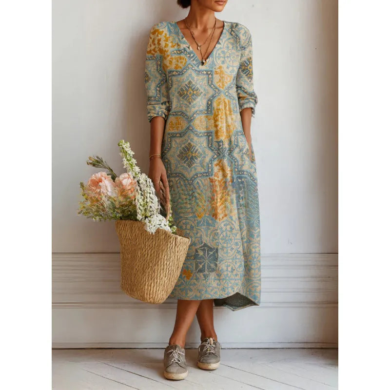 Bedrucktes Midikleid für Damen – Fließender Schnitt und V-Ausschnitt im Boho-Stil