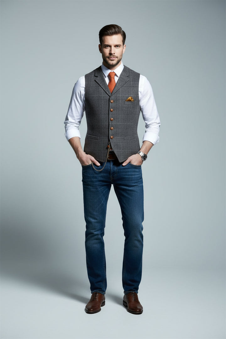 Gilet Homme Slim à Carreaux – Col à Revers Élégant