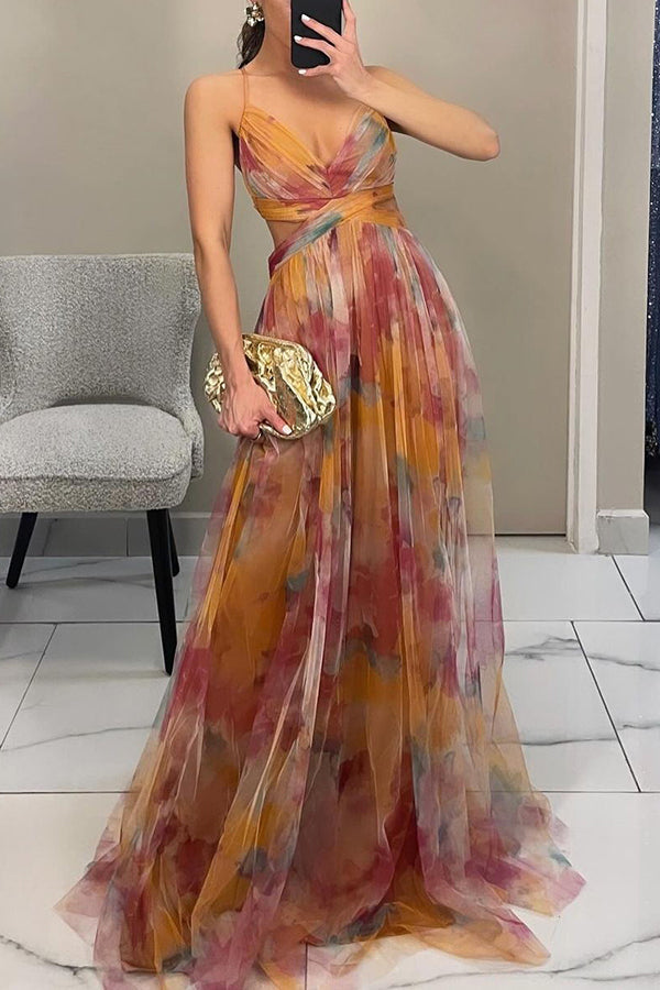 Abito maxi donna in mesh floreale – busto aderente gonna fluida