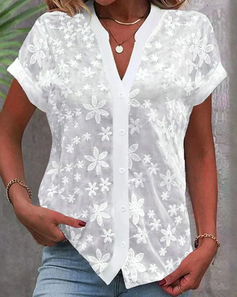 Women's Embroidered Lace Blouse – V-Neck and Front Button Closure