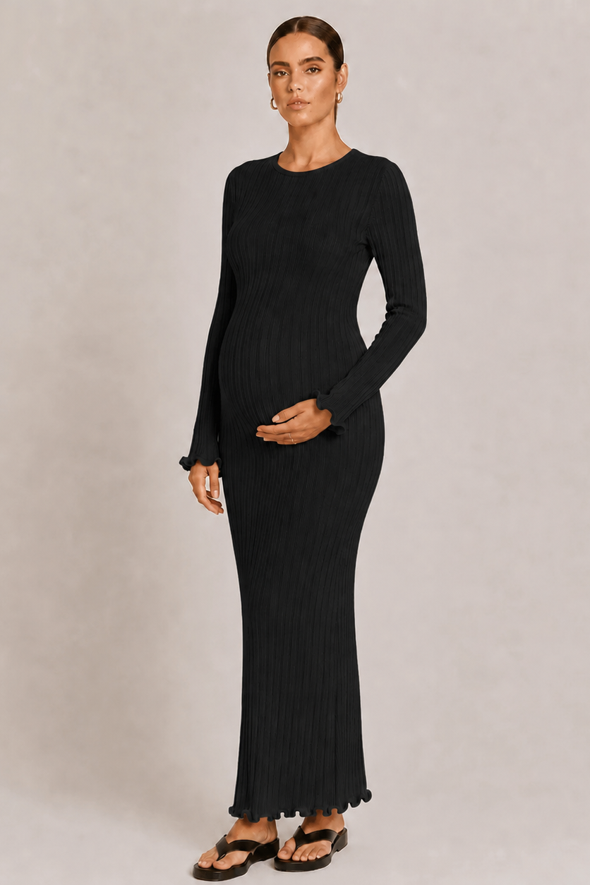 Umstandsstrickkleid für Damen aus geripptem Strick – Langärmlig, taillierte Passform
