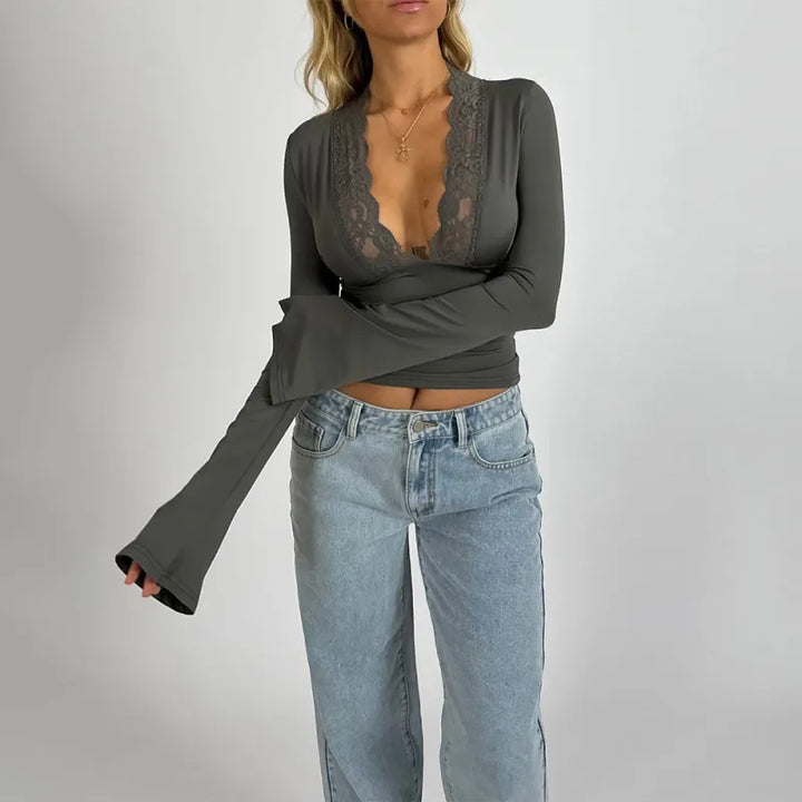 Women's Long Sleeve V-Neck Blouse – Slim Fit with Lace Collar