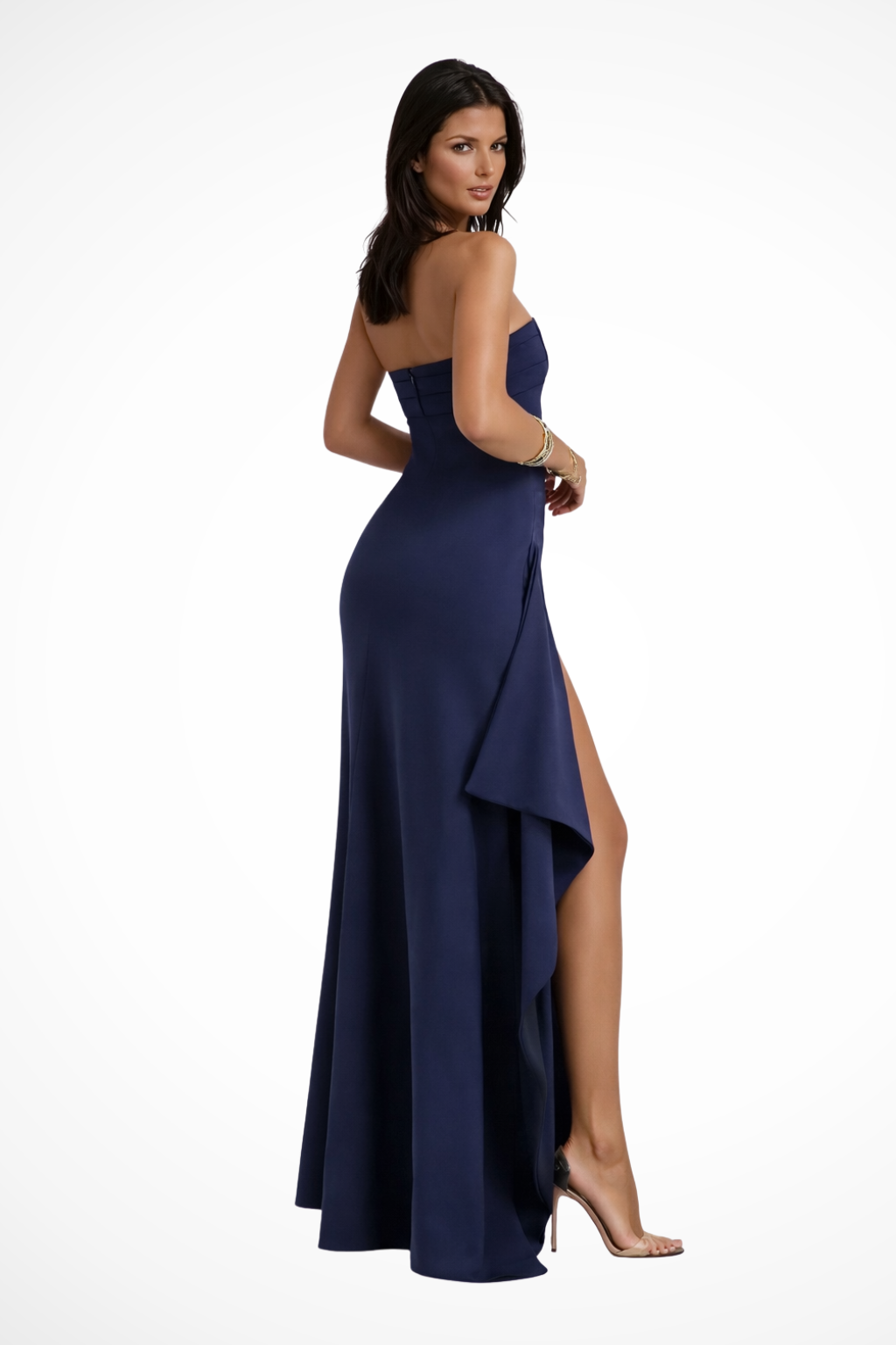 Langes Damenkleid ohne Träger – hoher Schlitz und asymmetrisches Drapé