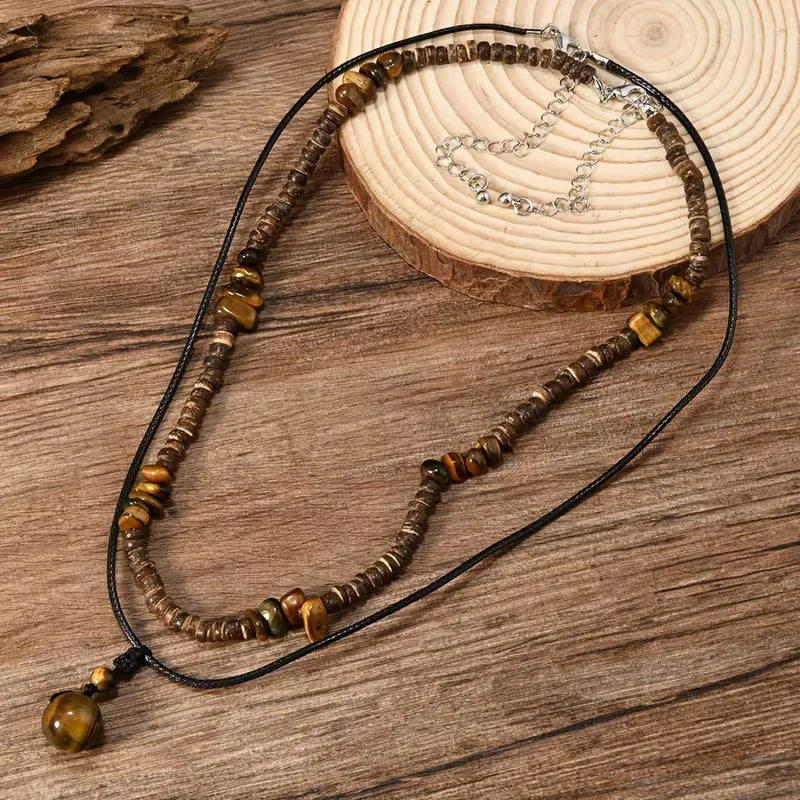 Collier Homme en Perles de Bois avec Pendentif Turquoise – Double Rang