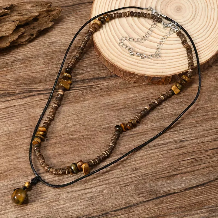 Collier Homme en Perles de Bois avec Pendentif Turquoise – Double Rang