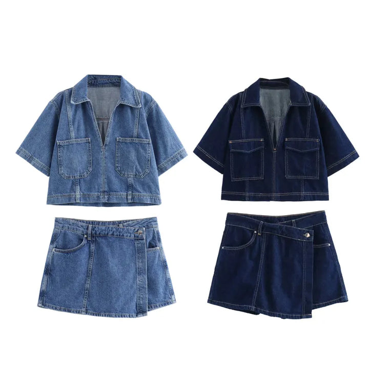 Completo Due Pezzi Donna in Jeans – Camicia Crop & Gonna Pantalone Asimmetrica