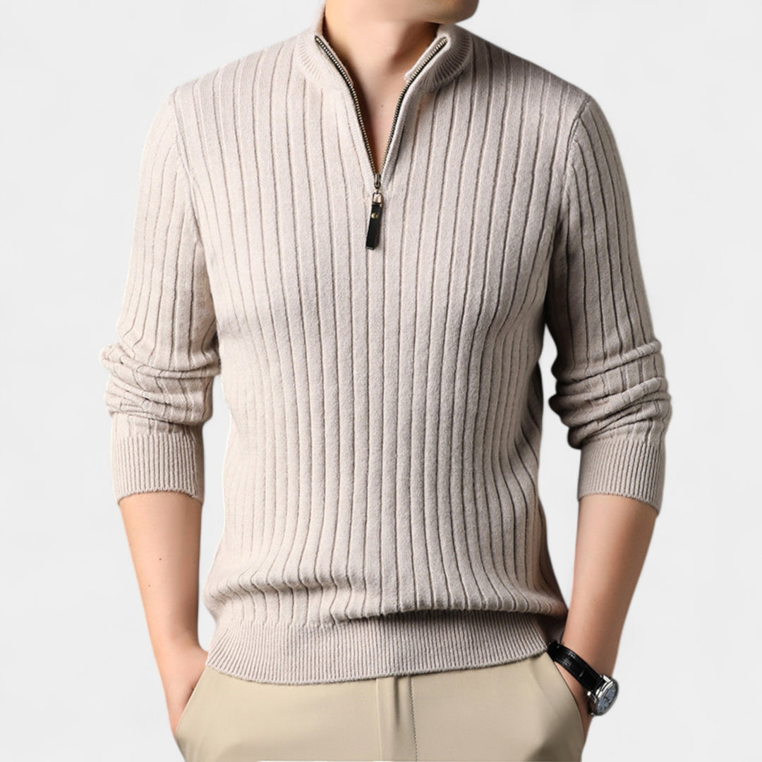 Maglione uomo con zip a un quarto in maglia a righe – raffinato, aderente, silhouette quotidiana
