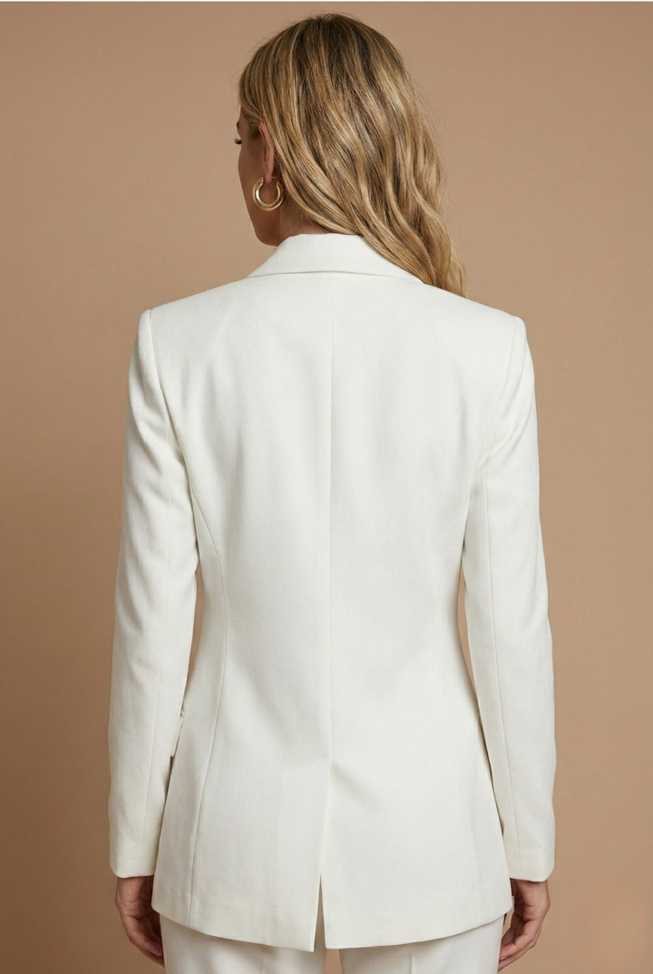 Tailleur donna strutturato – blazer incrociato, pantaloni svasati