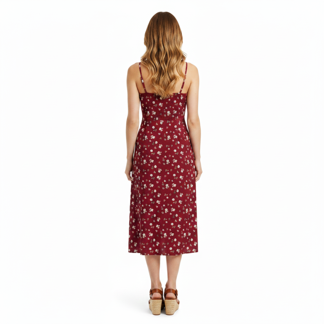 Abito midi donna floreale – spalline sottili, fiocco e spacco laterale