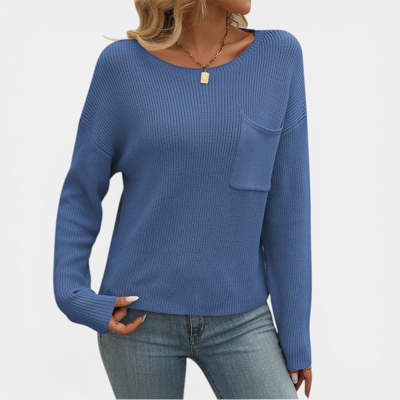 Damen Pullover mit Rundhalsausschnitt – Lässiger Schnitt mit Brusttasche | Gerippter Strick
