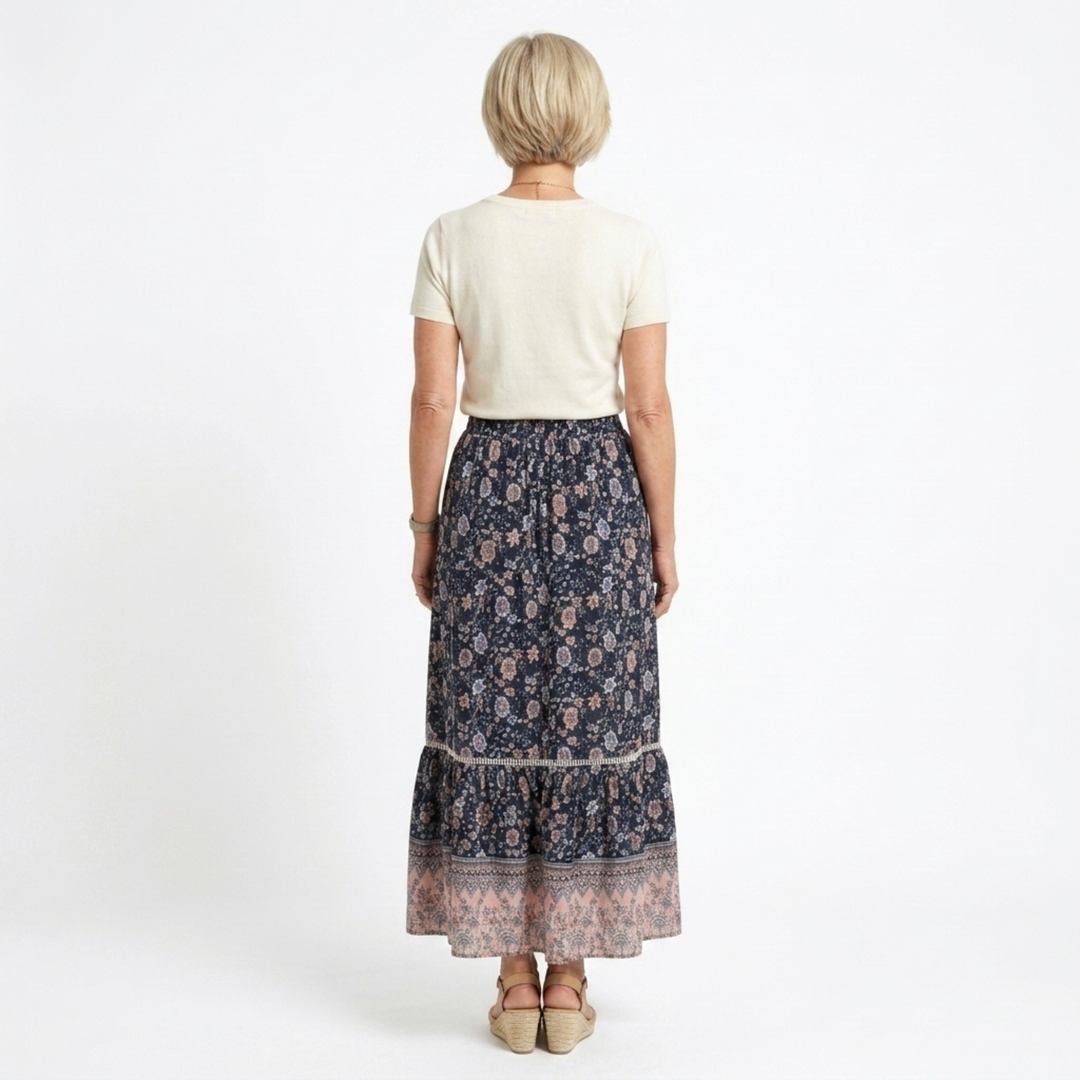 Maxi-Rock für Damen mit Blumenmuster aus Rayon-Mischung – Hohe Taille mit Kordelzug