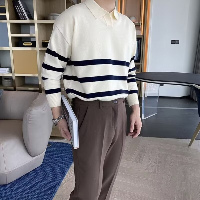 Polo uomo in cotone misto – Polo maniche lunghe a righe contrastanti
