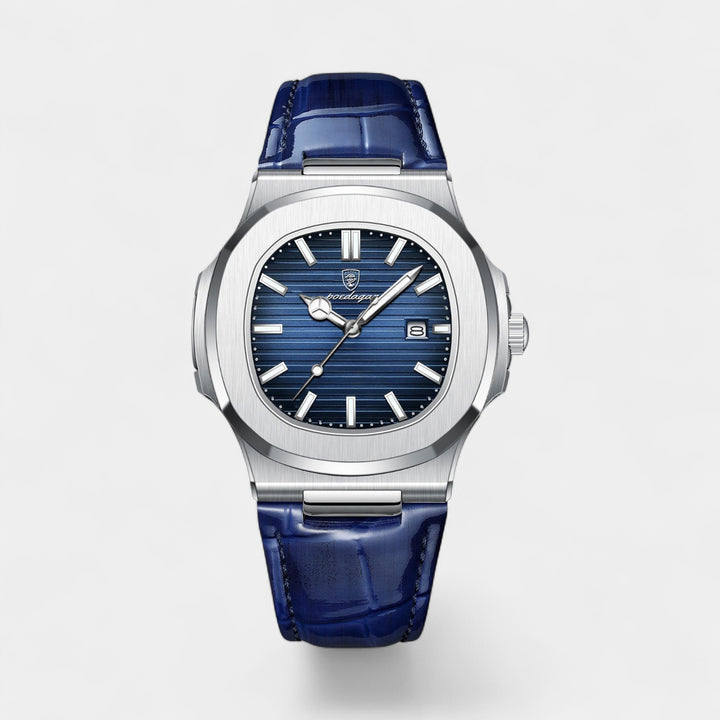 Orologio da Uomo con Cinturino in Pelle Blu – Quarzo Luminoso e Impermeabile 40 mm