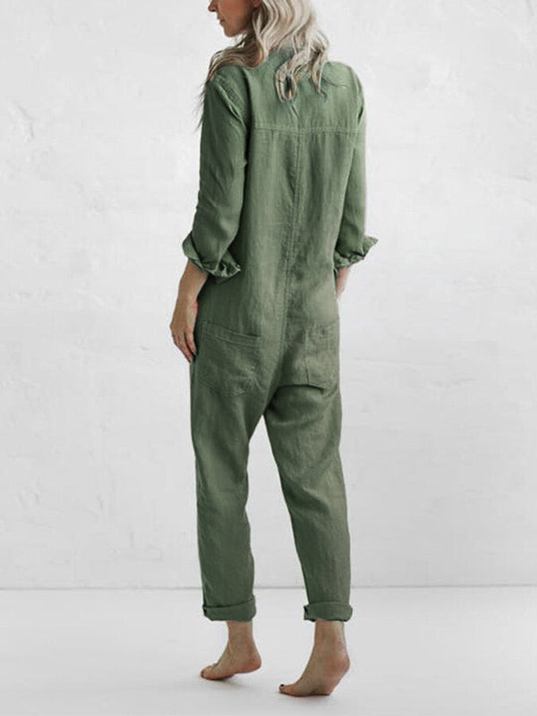 Dame Jumpsuit med Lange Ærmer – Knappet, Afslappet Pasform