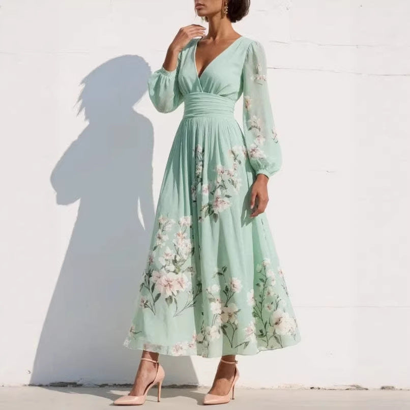 Damen Maxikleid aus Chiffon – Lange Ärmel Ausgestellter, plissierter Schnitt