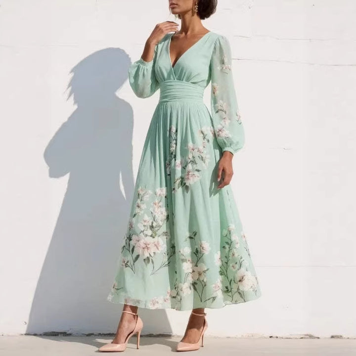 Damen Maxikleid aus Chiffon – Lange Ärmel Ausgestellter, plissierter Schnitt