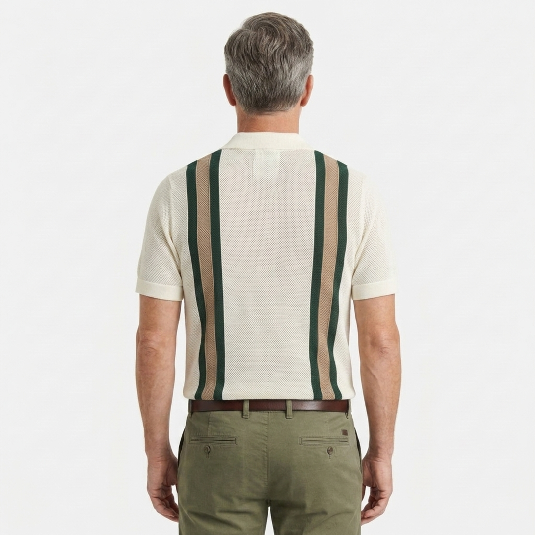 Polo Homme en Maille Ajourée – Rayures Verticales Style Vintage