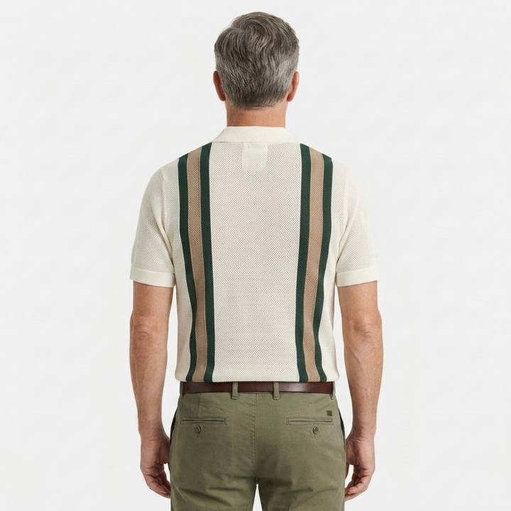 Polo Homme en Maille Ajourée – Rayures Verticales Style Vintage