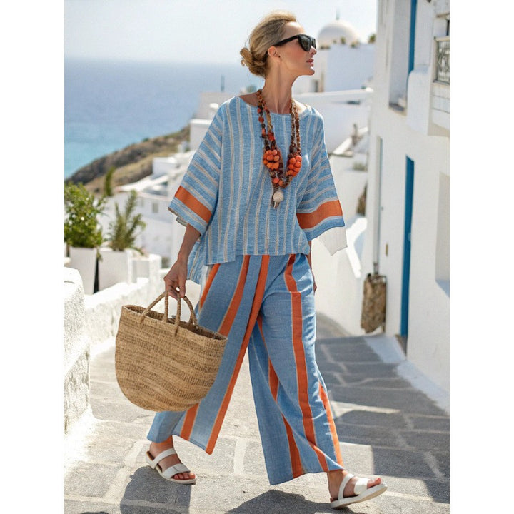 Claire Mode | Completo pantaloni donna due pezzi stampato in tessuto intrecciato