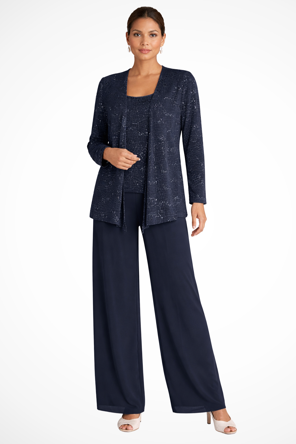 Completo Donna Tre Pezzi con Paillettes e Pizzo – Pantaloni Larghi