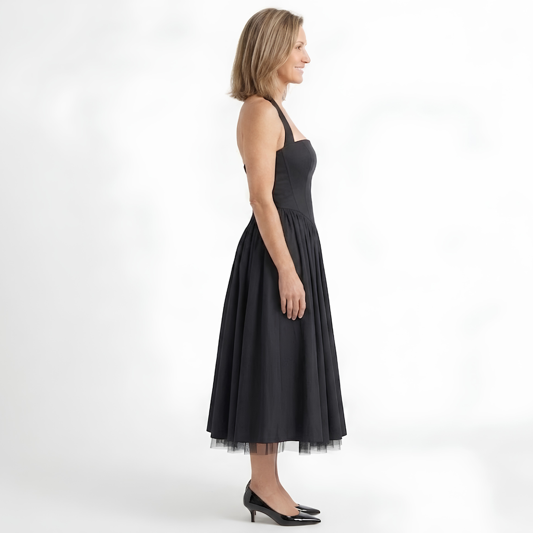 Midi-Kleid für Damen, trapezförmig, rückenfrei – tailliertes Bustier, ausgestellter Schnitt