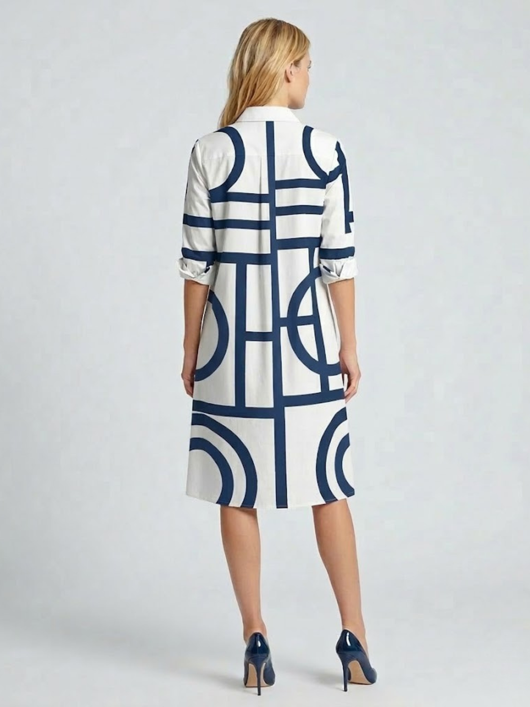 Women's Geometric Print Chemise Dress – Midi A-Line Cut
