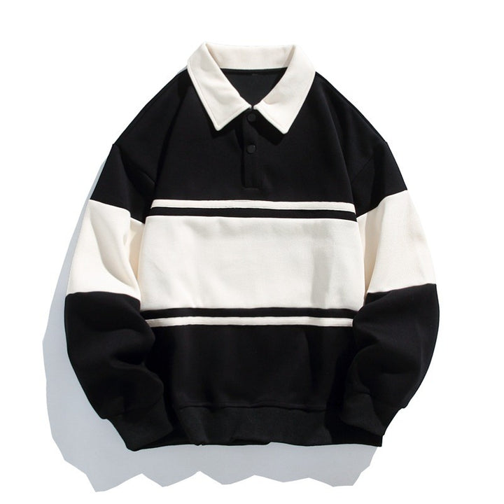 Herren Sweatshirt aus Baumwollmischung – Gestreiftes Muster Weite Passform Polokragen